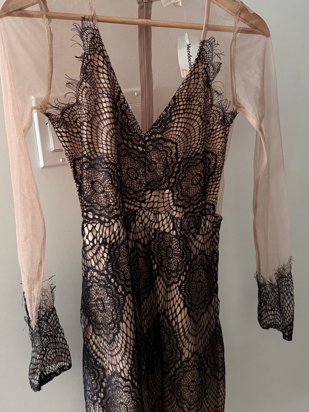 Sheer Nude Long Sleeve Dress with Black Lace Overlay - BNWT